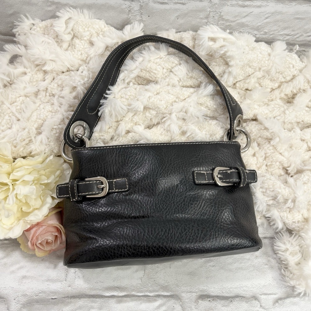 VTG Tommy Hilfiger Shoulder Bag Faux Leather TH Small Pebbled Black Purse Y2K